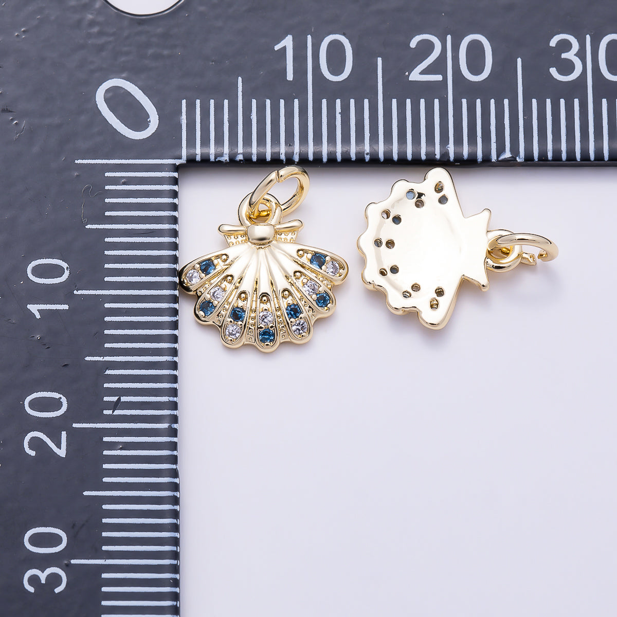 16K Gold Filled 11mm Blue and Clear CZ Fan-Shaped Peacock Tail Charm | Charms-01616