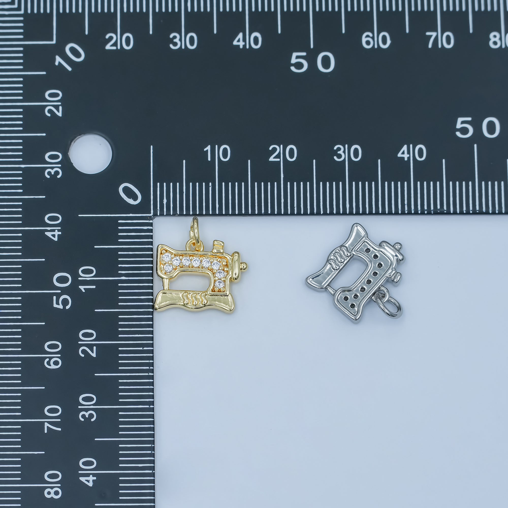 24K Gold Filled Micro Paved CZ Sewing Machine Charm in Gold & Silver | E500