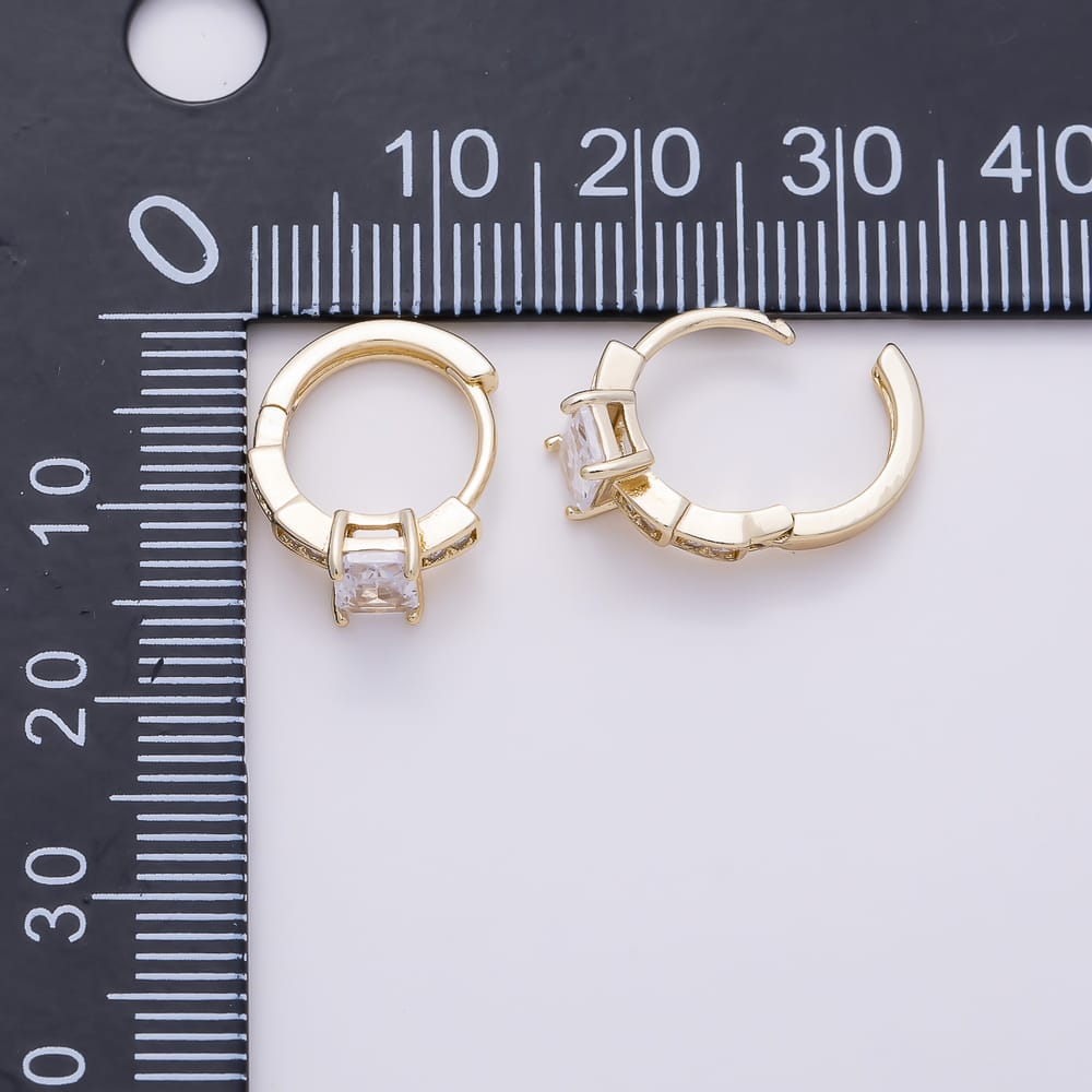 14K Gold Filled 12mm Clear Baguette Micro Paved CZ Solitaire Huggie Earrings | Earrings-01131