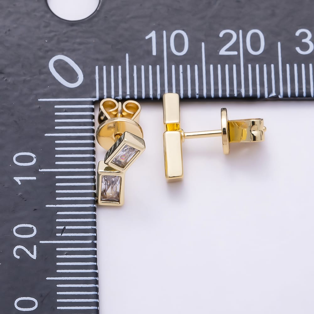16K Gold Filled 13mm Dual Asymmetrical Baguette Cut Clear CZ Stud Earrings | Earrings-01036 - Earrings-01037