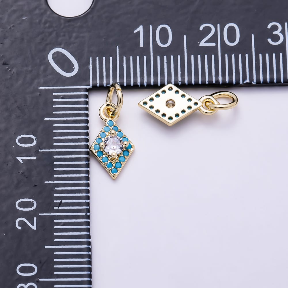 16K Gold Filled 12mm Clear Round CZ Turquoise Geometric Rhombus Charm | Charms-02177