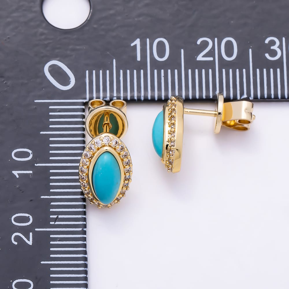 16K Gold Filled 12mm Blue Turquoise Micro Paved CZ Navette Marquise Bezel Stud Earrings | Earrings-01168