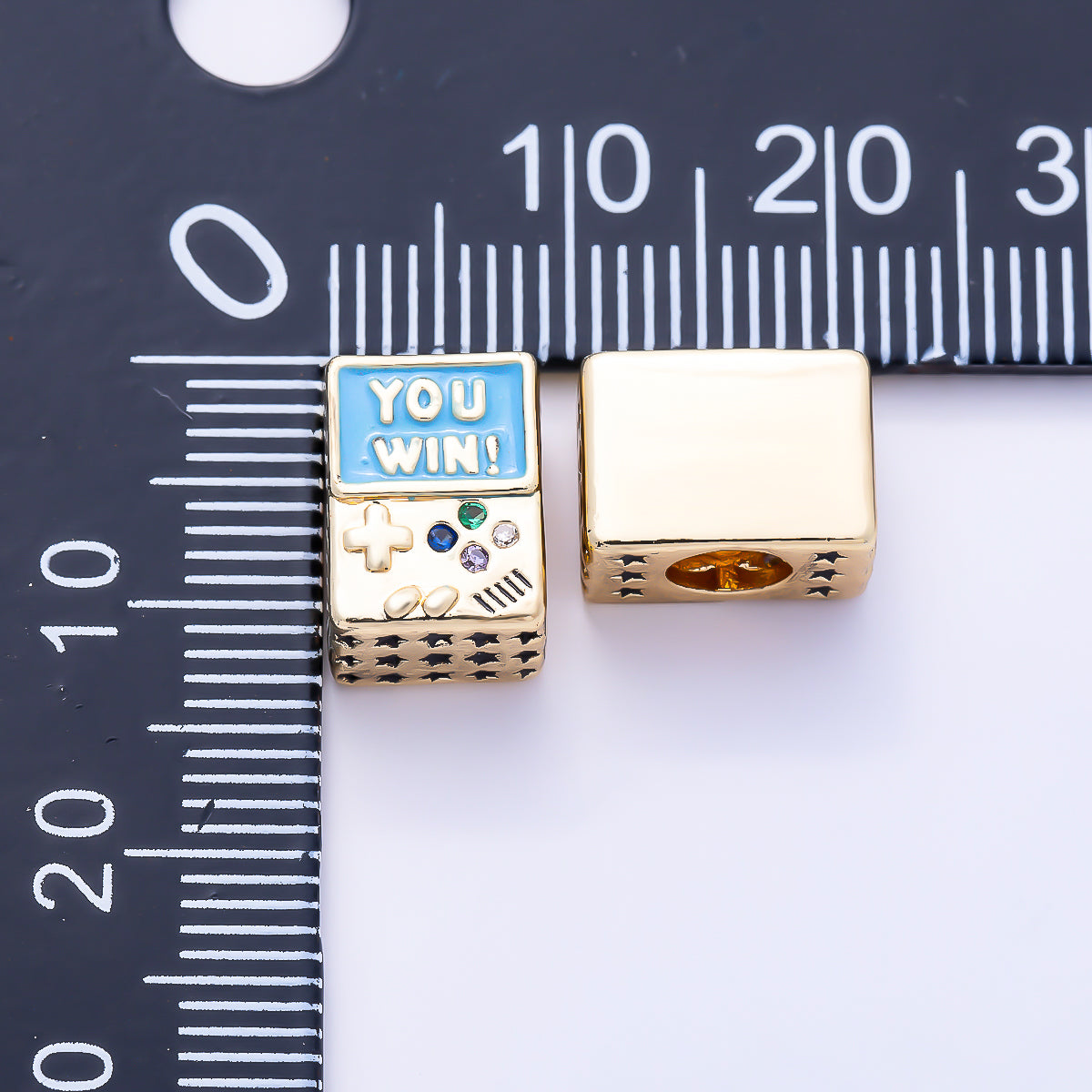 16K Gold Filled 11mm Colorful CZ Retro Game Console "YOU WIN!" Enamel Spacer Bead | Beads-00569