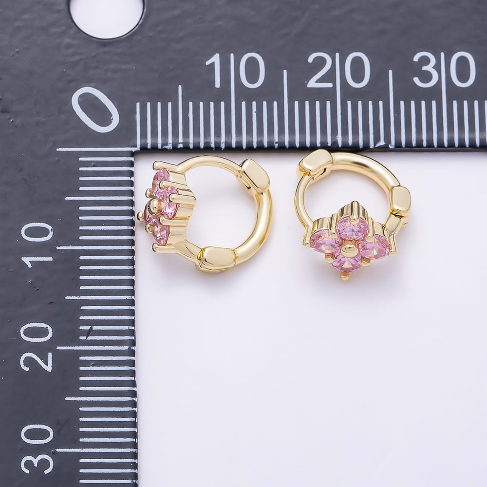 16K Gold Filled 12mm Clear, Pink CZ Clover Flower Huggie Earrings in Gold & Silver | Earrings-01072 ~ Earrings-01075