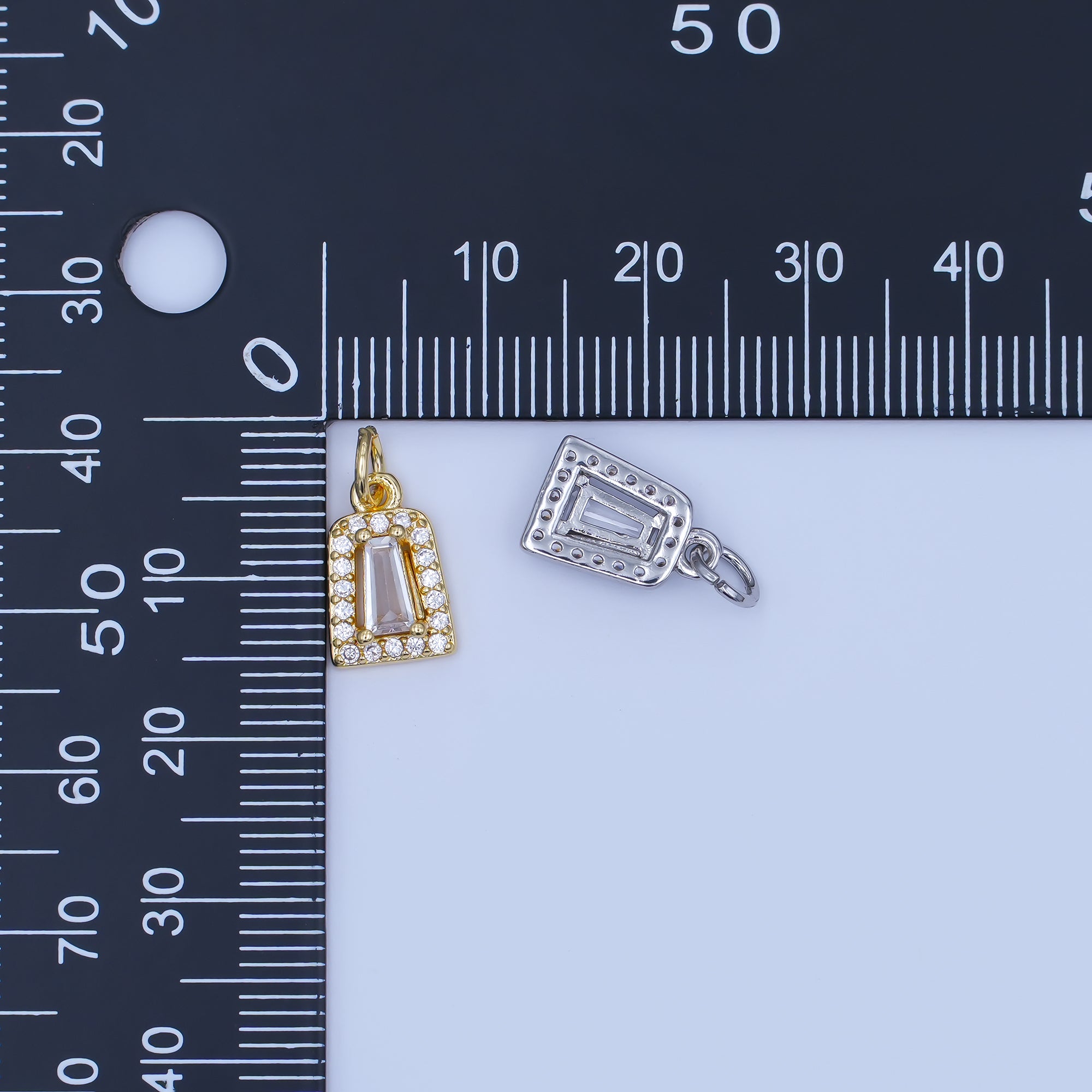24K Gold Filled Rectangular Baguette Micro Paved CZ Charm in Gold & Silver | E165