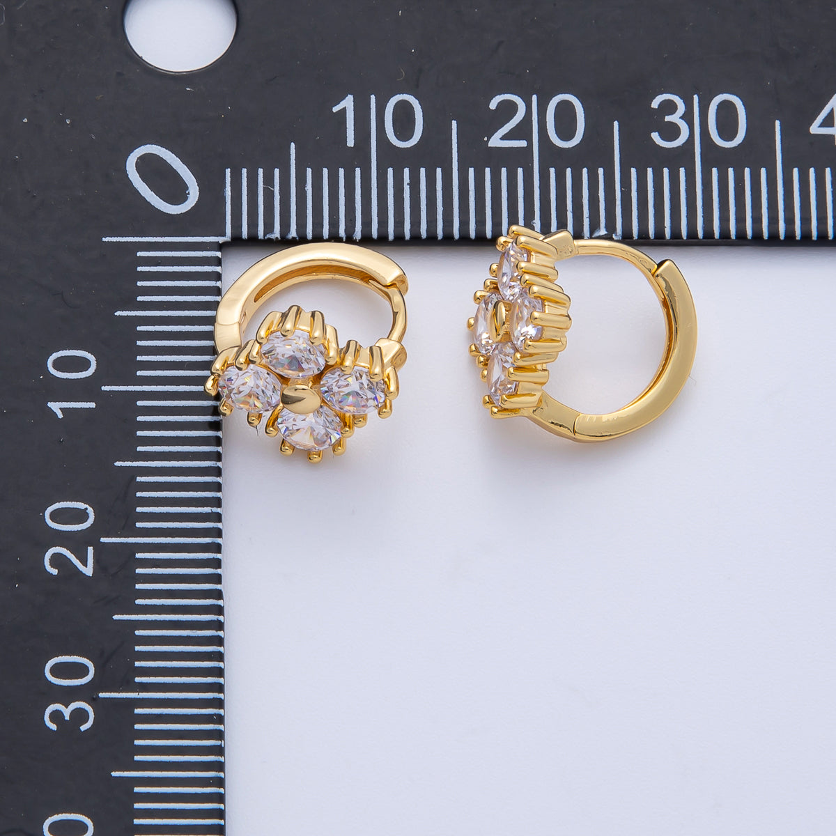 18K Gold Filled 12mm Clear CZ Clover Huggie Earrings | Earrings-00053