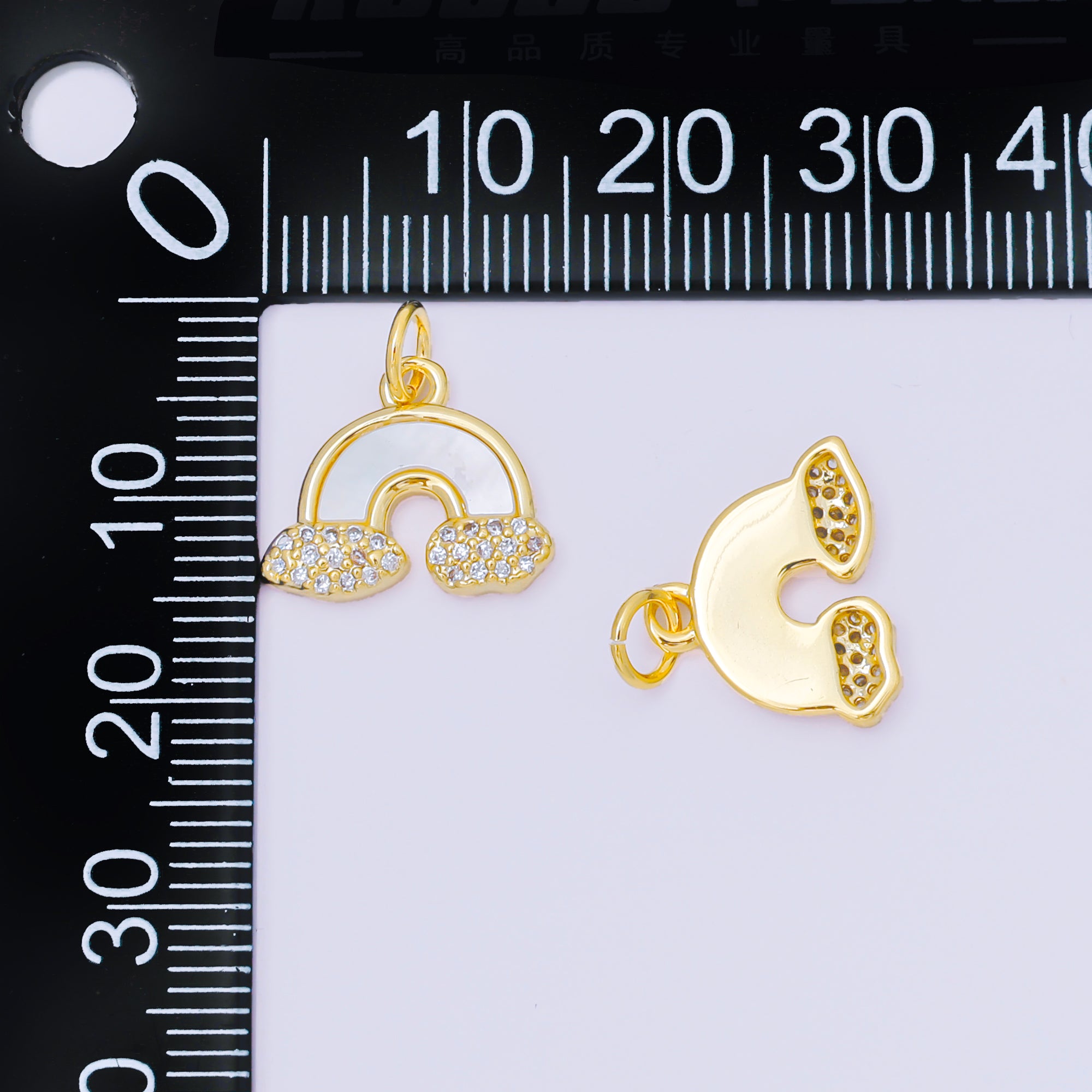 24K Gold Filled 12mm Clouds Micro Paved CZ Celestial Rainbow Shell Pearl Charm | M813