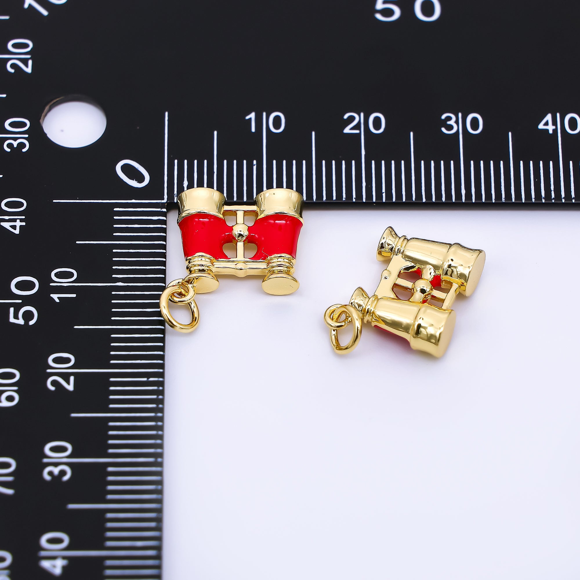 24K Gold Filled 12mm Red Enamel Art Binocular Charm | N-1325