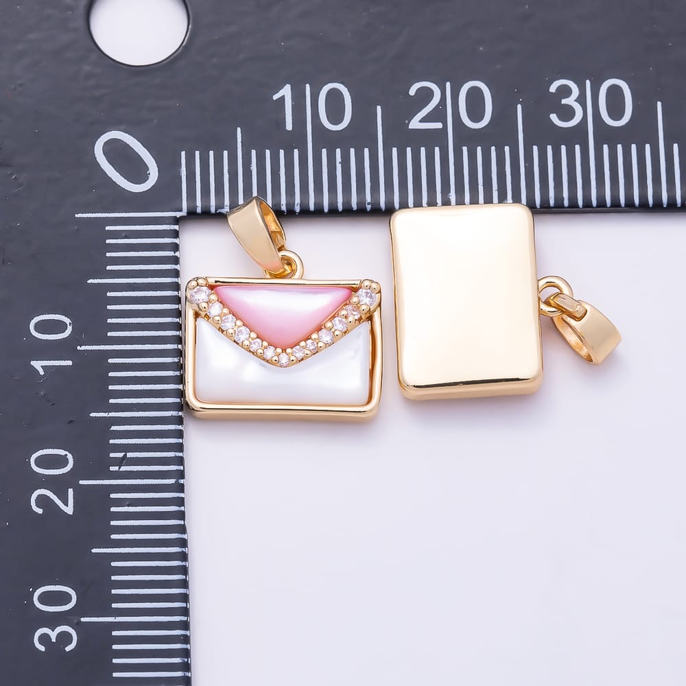 16K Gold Filled 12mm Pink White Shell Pearl Micro Paved CZ Love Letter Envelope Pendant in Gold & Silver | Charms-02348 Charms-02349