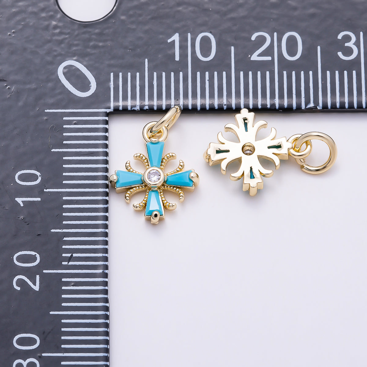 16K Gold Filled 12mm Turquoise Baguette Solitaire Clear CZ Vintage Cross Religious Charm | Charms-01612