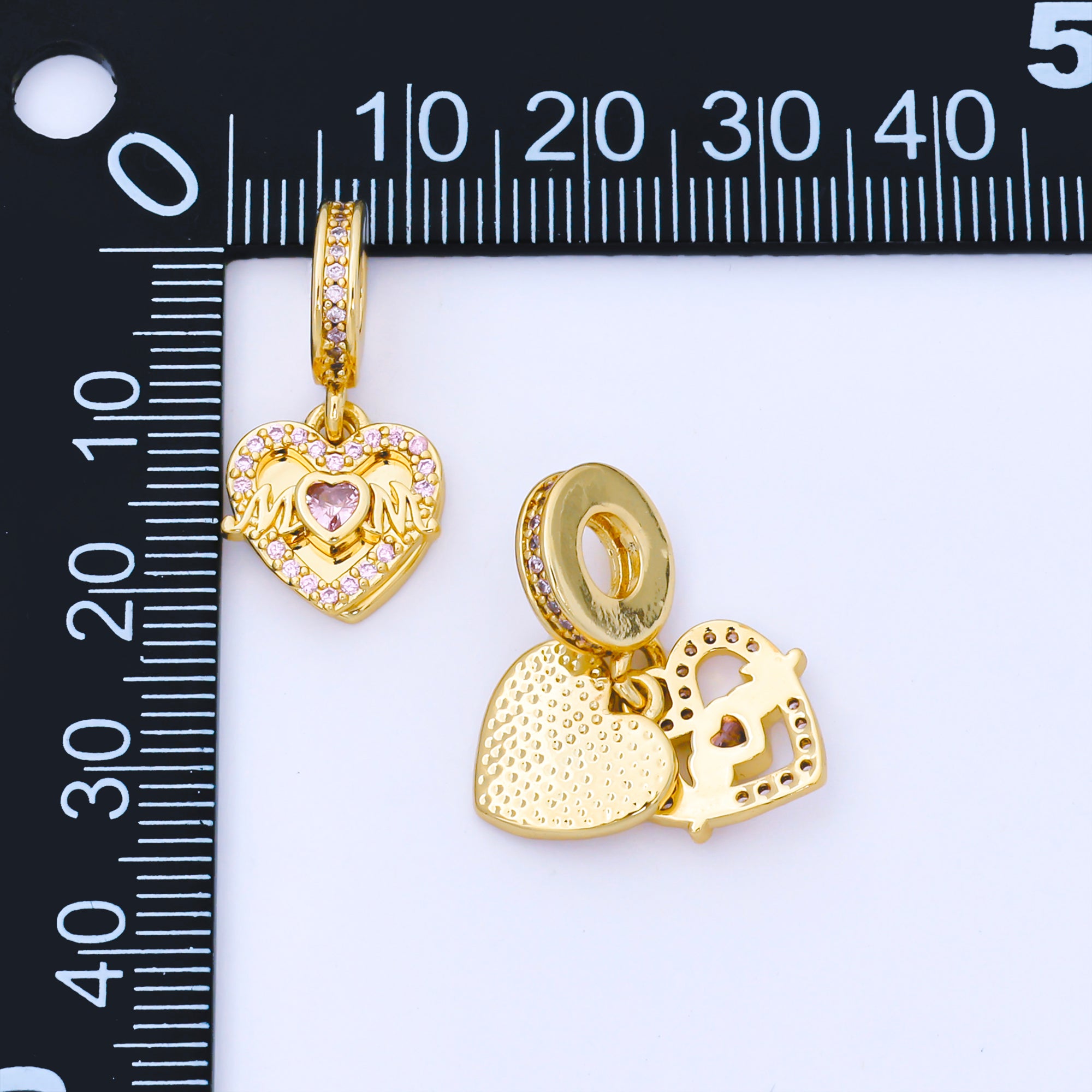 24K Gold Filled "MOM" Double Heart Pink Micro Paved CZ Rondelle Drop Pendant | AF1569