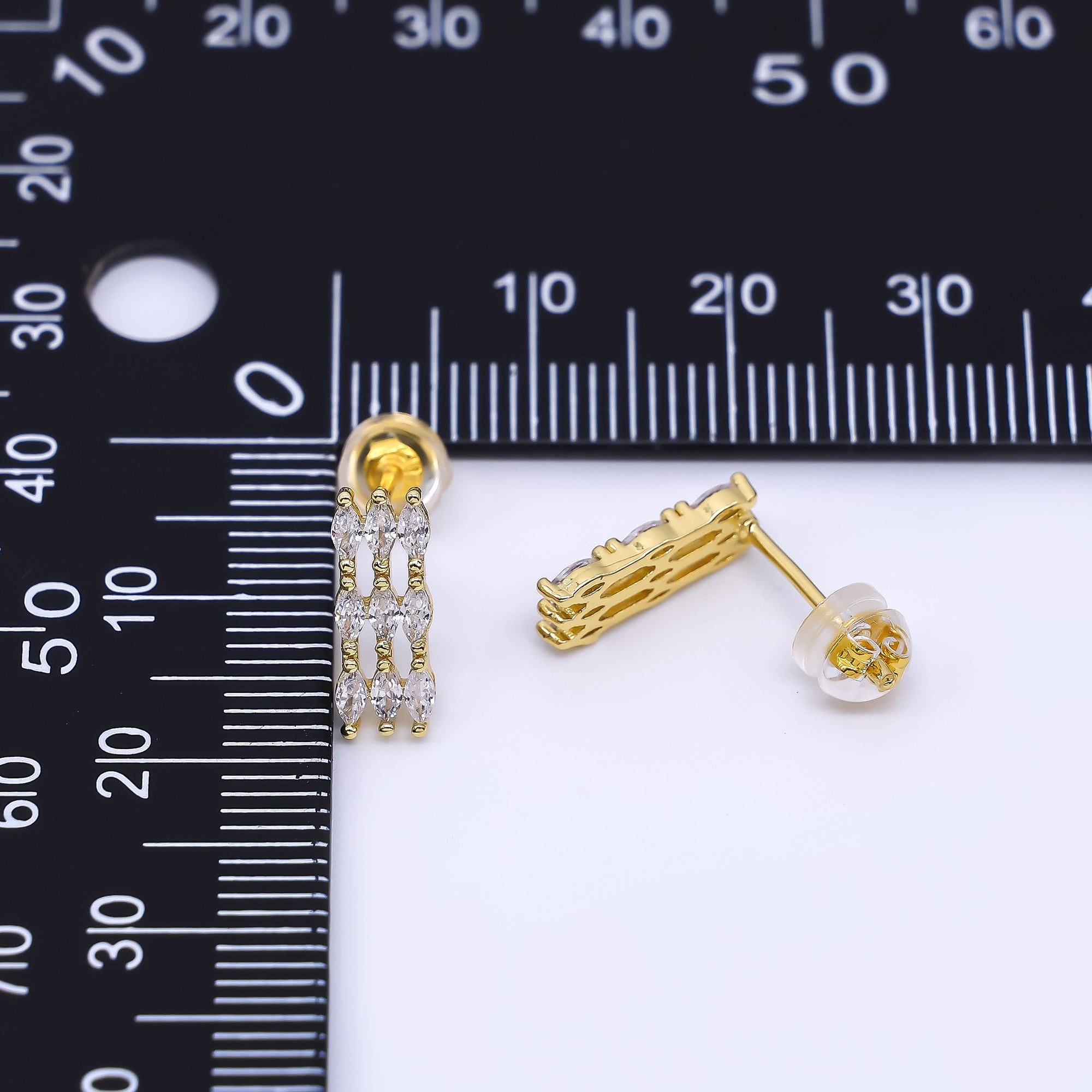 24K Gold Filled Marquise CZ Triple Row Dropped Stud Earrings | AI-452