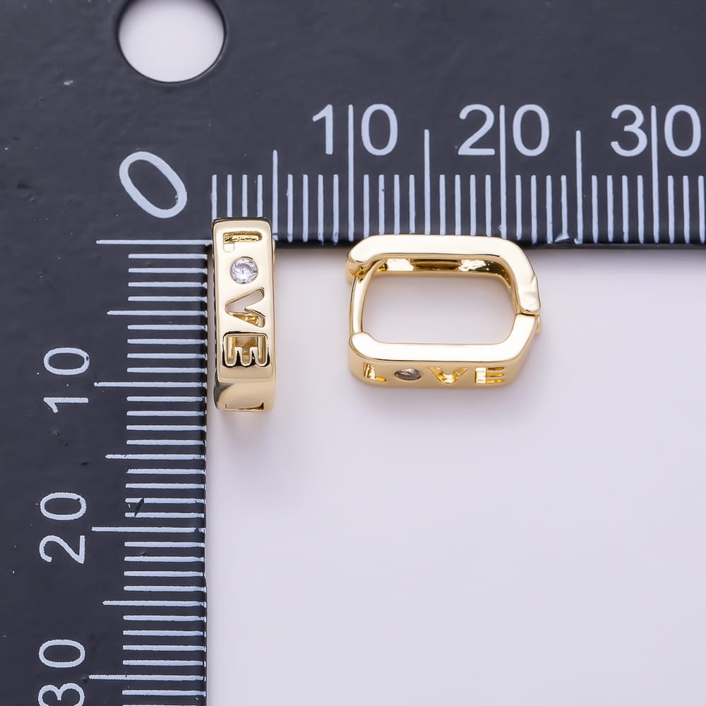 16K Gold Filled 12mm Clear CZ "LOVE" Open Rectangle U-Shaped Cartilage Huggie Earrings | Earrings-01089