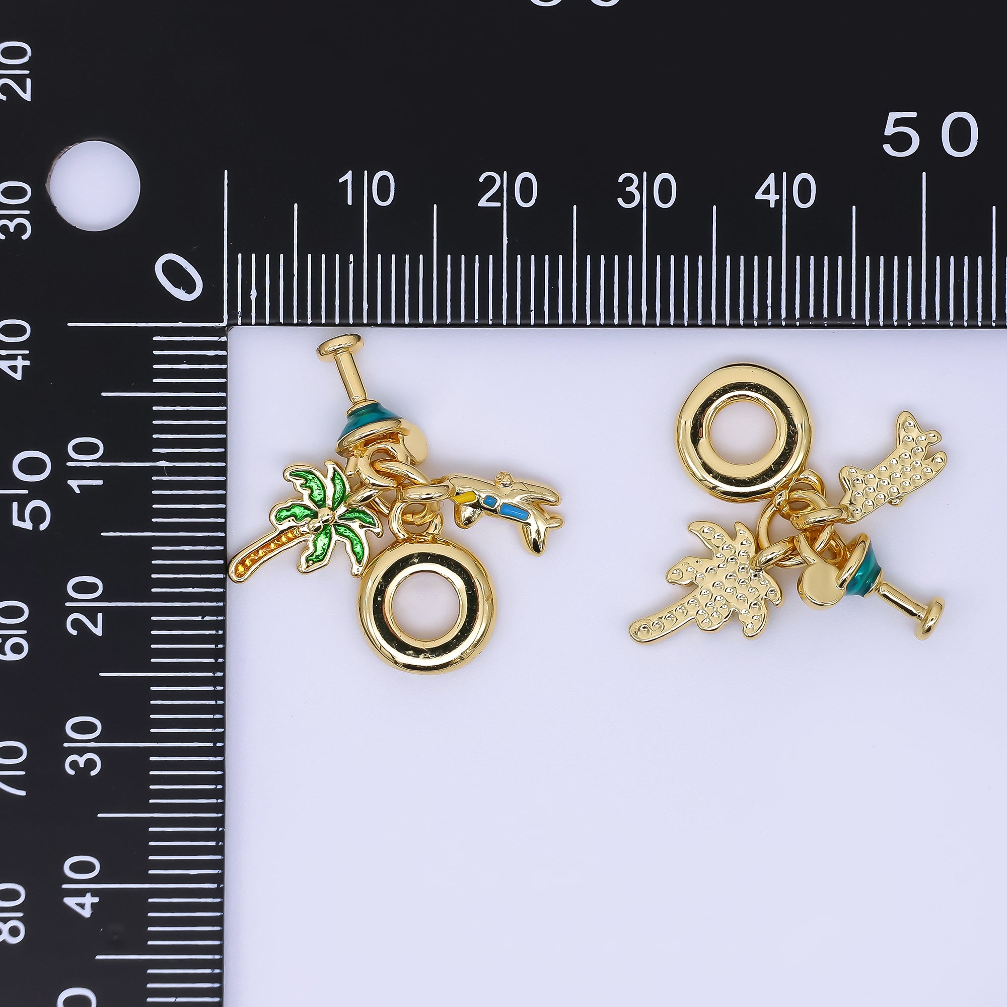 24K Gold Filled 13mm Palm Tree, Cocktails, & Airplane Jet Vacation Travel Set Rondelle Drop Charm | AC1650