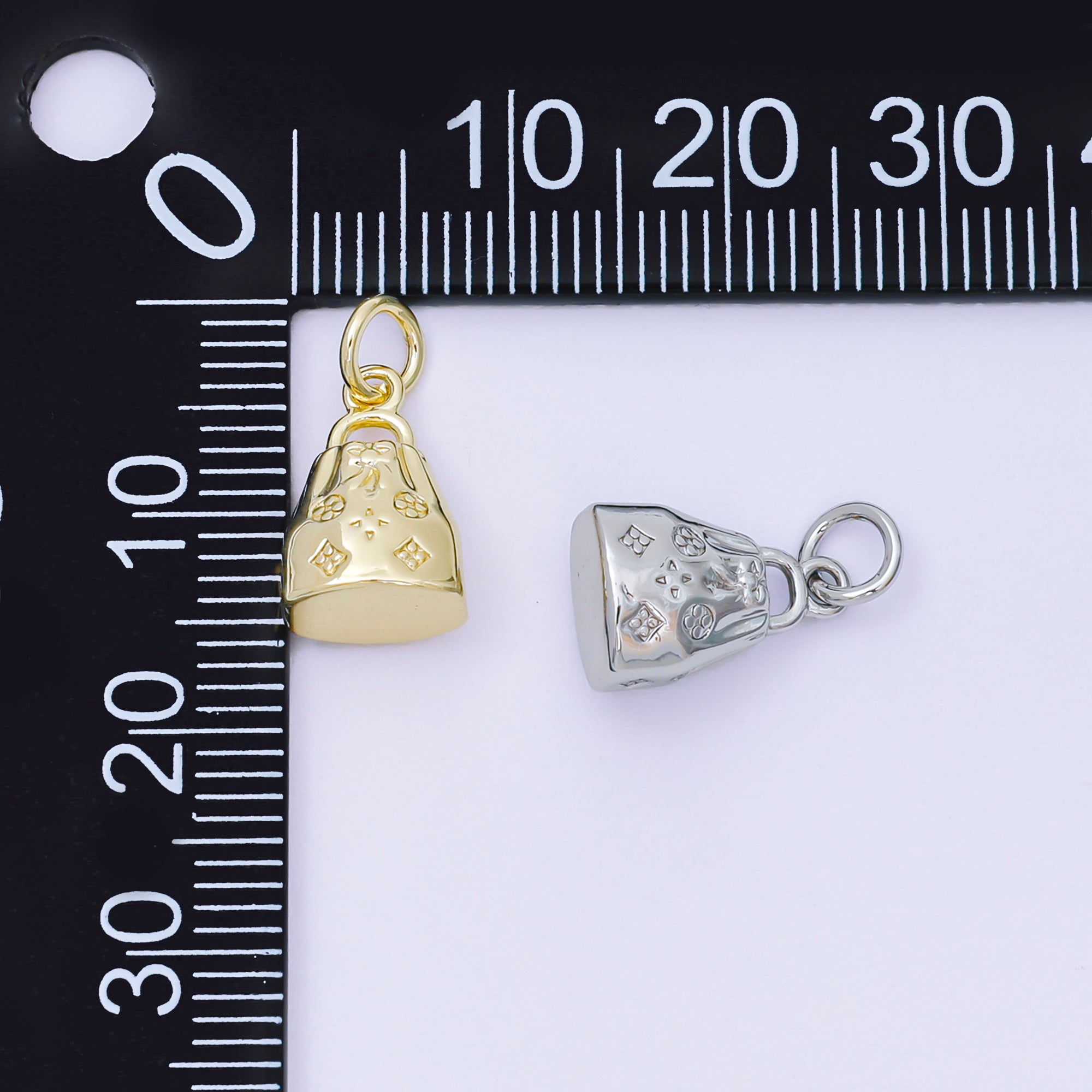 24K Gold Filled 12.5mm Blossom Bucket Handy Bag Charm in Gold & Silver | AH-610