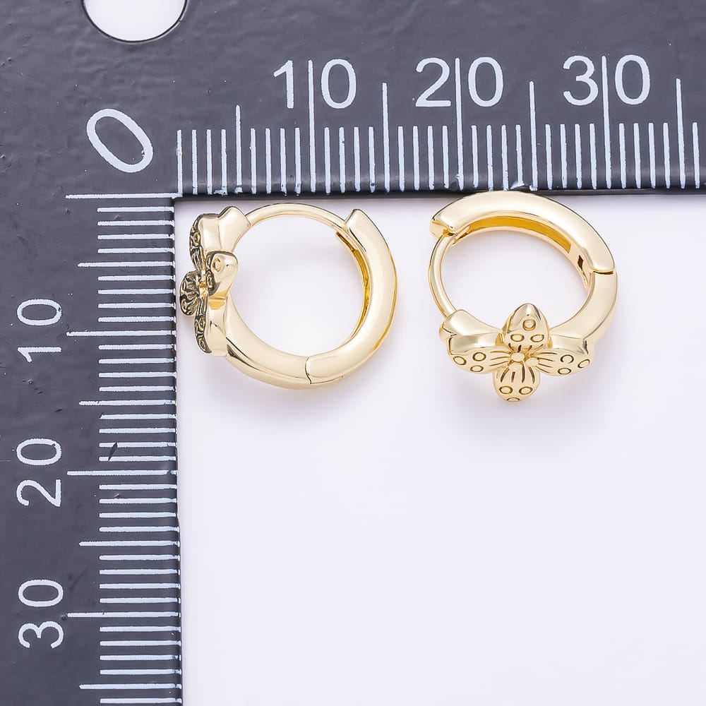 16K Gold Filled 14mm Engraved Four-Petal Flower Huggie Hoop Earrings | Earrings-00959 - Earrings-00960