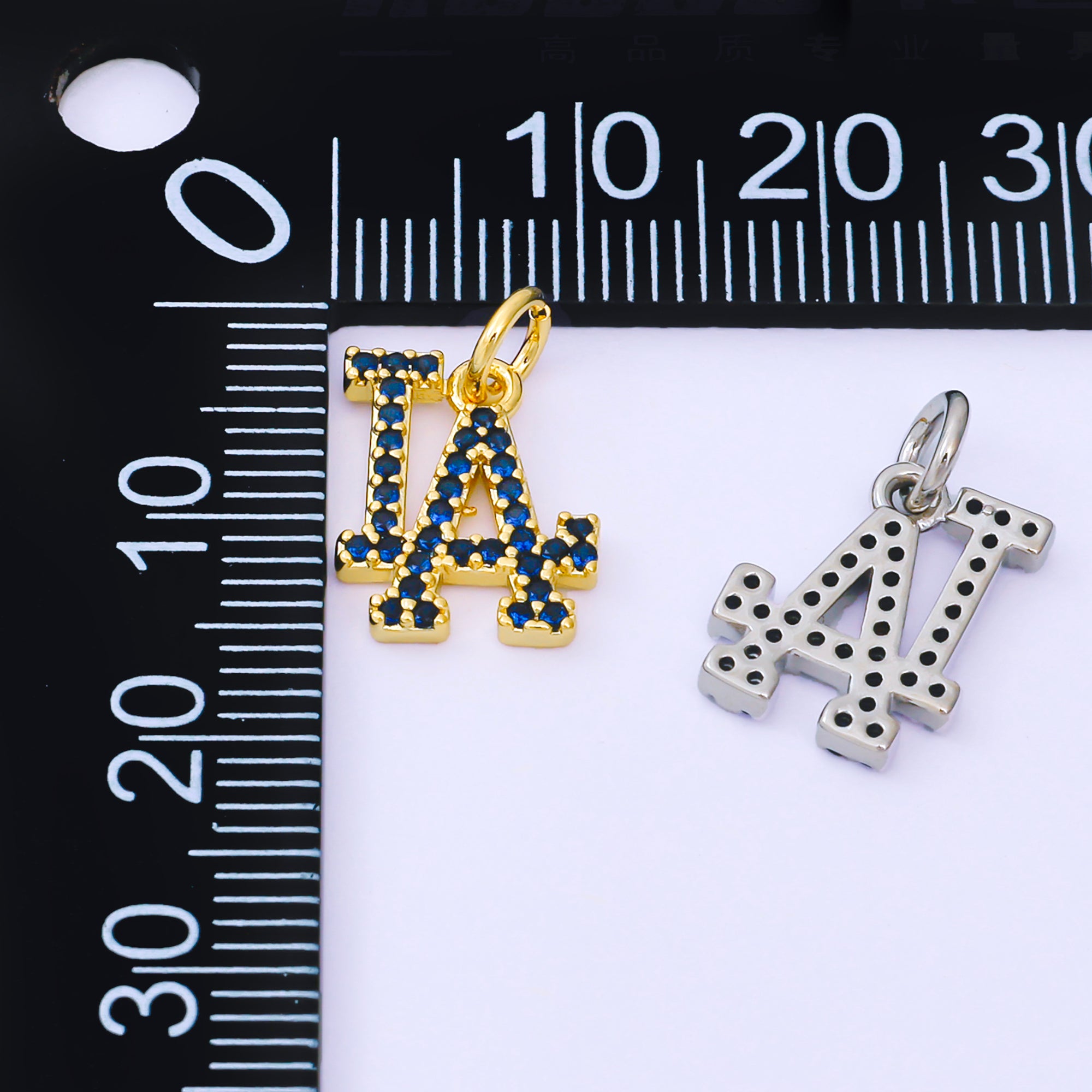 24K Gold Filled 13mm Royal Blue Micro Paved CZ Los Angeles Script "LA" Charm in Gold & Silver | AF1288