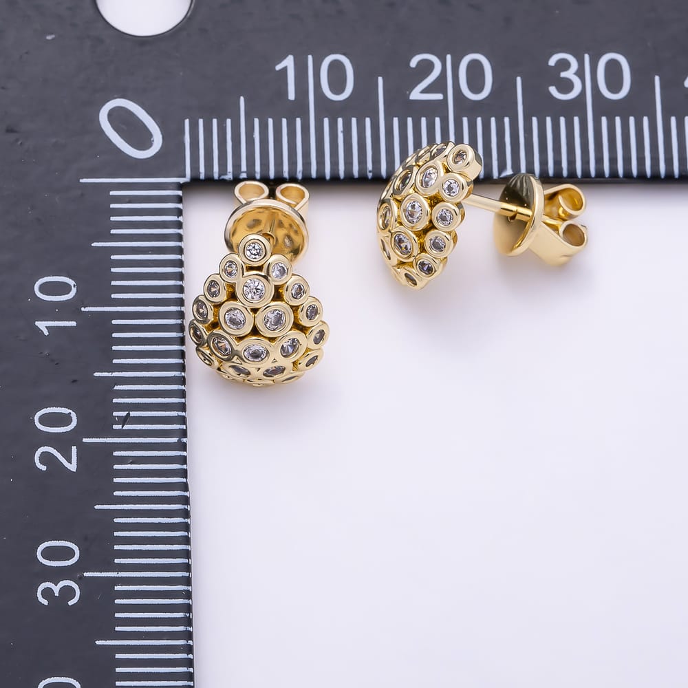 16K Gold Filled 13mm Clear CZ Round Bezel Dome Teardrop Stud Earrings | Earrings-01095
