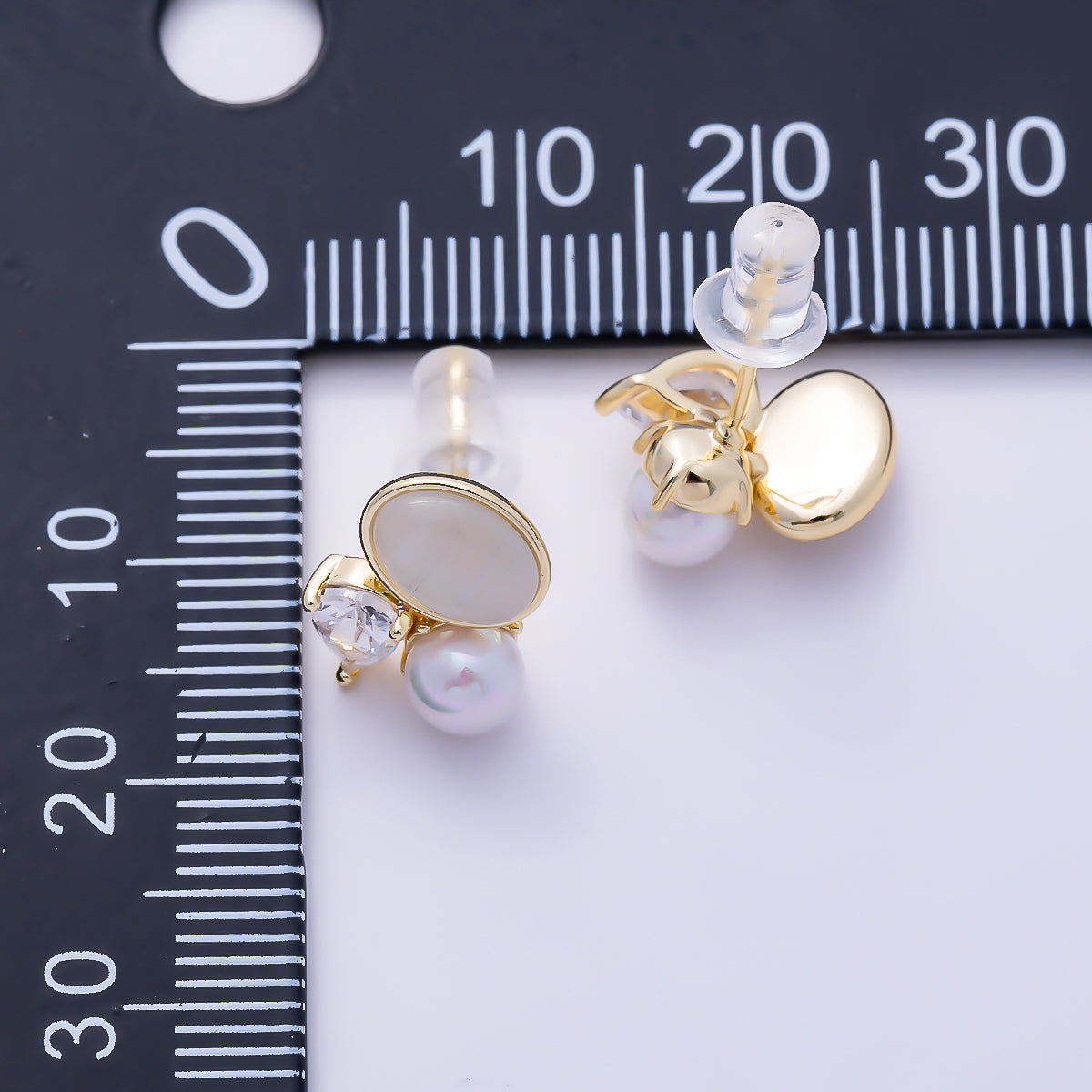 16K Gold Filled 12mm Clear Teardrop CZ Pearl Gemstone Cluster Stud in Gold & Silver | Earrings-00763 Earrings-00764