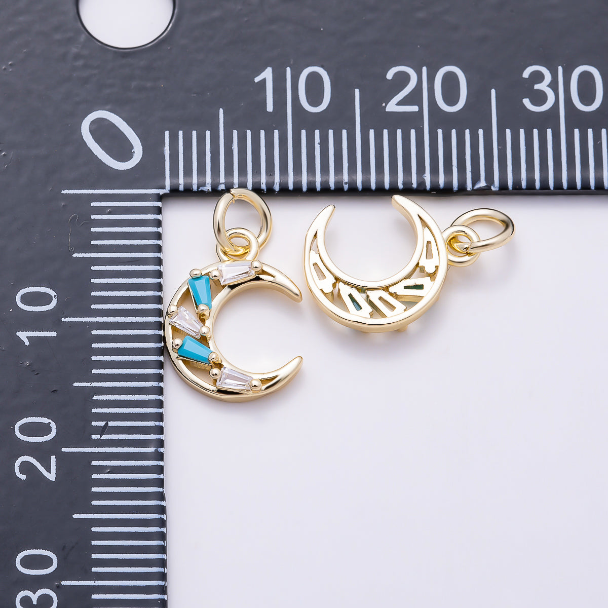 16K Gold Filled 13mm Turquoise & Clear CZ Celestial Crescent Moon Charm | Charms-01627