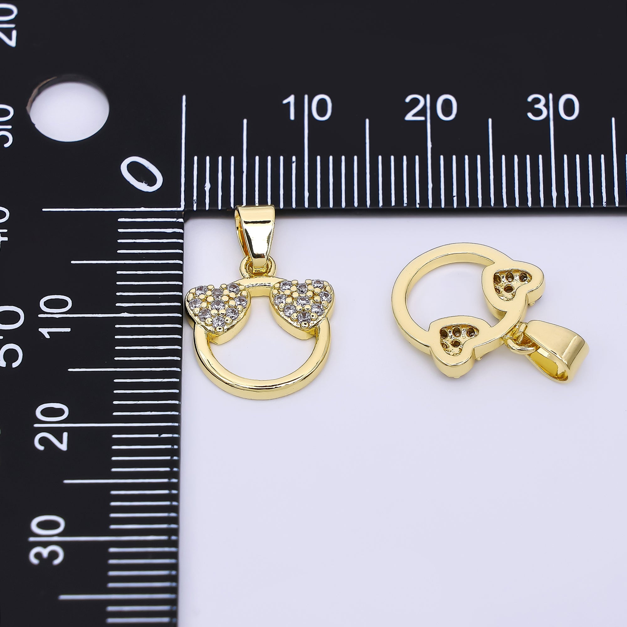 24K Gold Filled 13mm Micro Paved CZ Simple Round Double-Hearts Pendant | AH-534