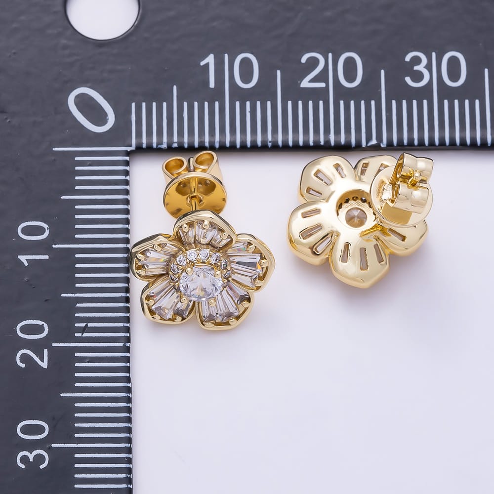 16K Gold Filled 13mm Baguette Micro Paved CZ Flower Stud in Gold & Silver | Earrings-01042 Earrings-01043