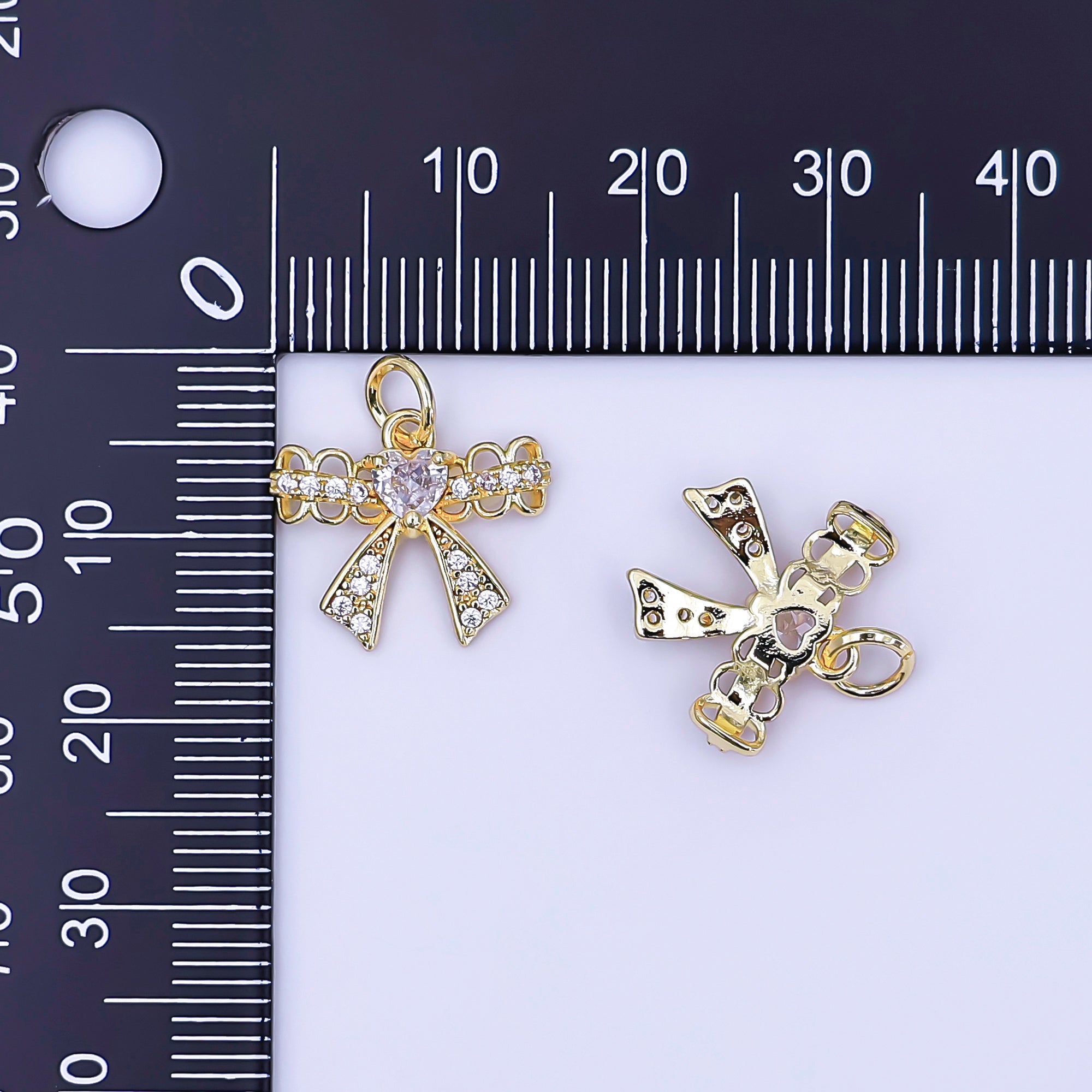 24K Gold Filled Heart CZ Micro Paved Bow Ribbon Charm | AJ297