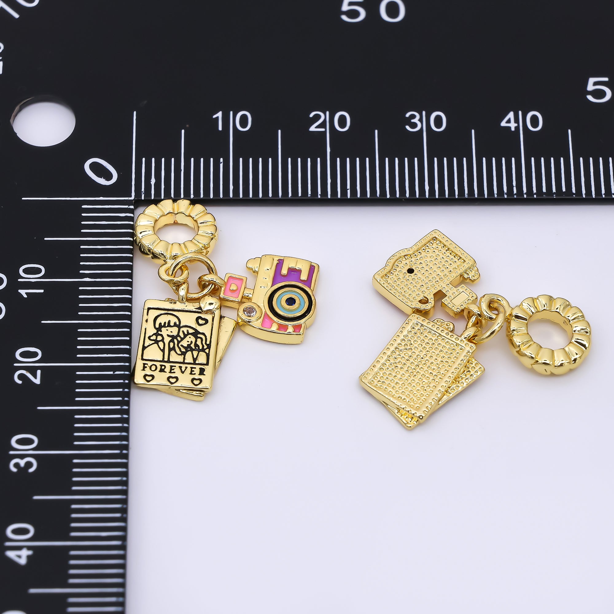 24K Gold Filled Vintage Instant Film Camera Enamel Heart Rondelle Drop Charm | AC1613