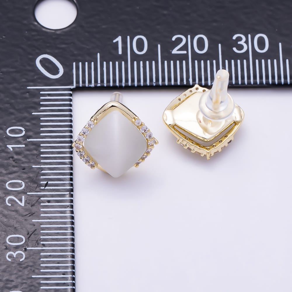 16K Gold Filled 16mm Clear CZ & White Opal Geometric Diamond Shape Stud Earrings | Earrings-01021 - Earrings-01022