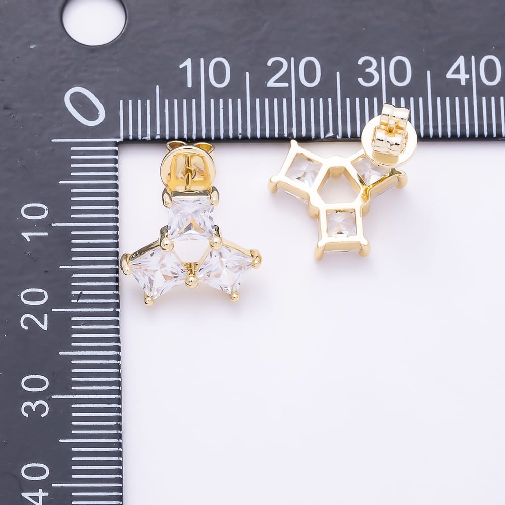 16K Gold Filled 13mm Clear CZ Rhombus Triple Cluster Stud Earrings | Earrings-01092
