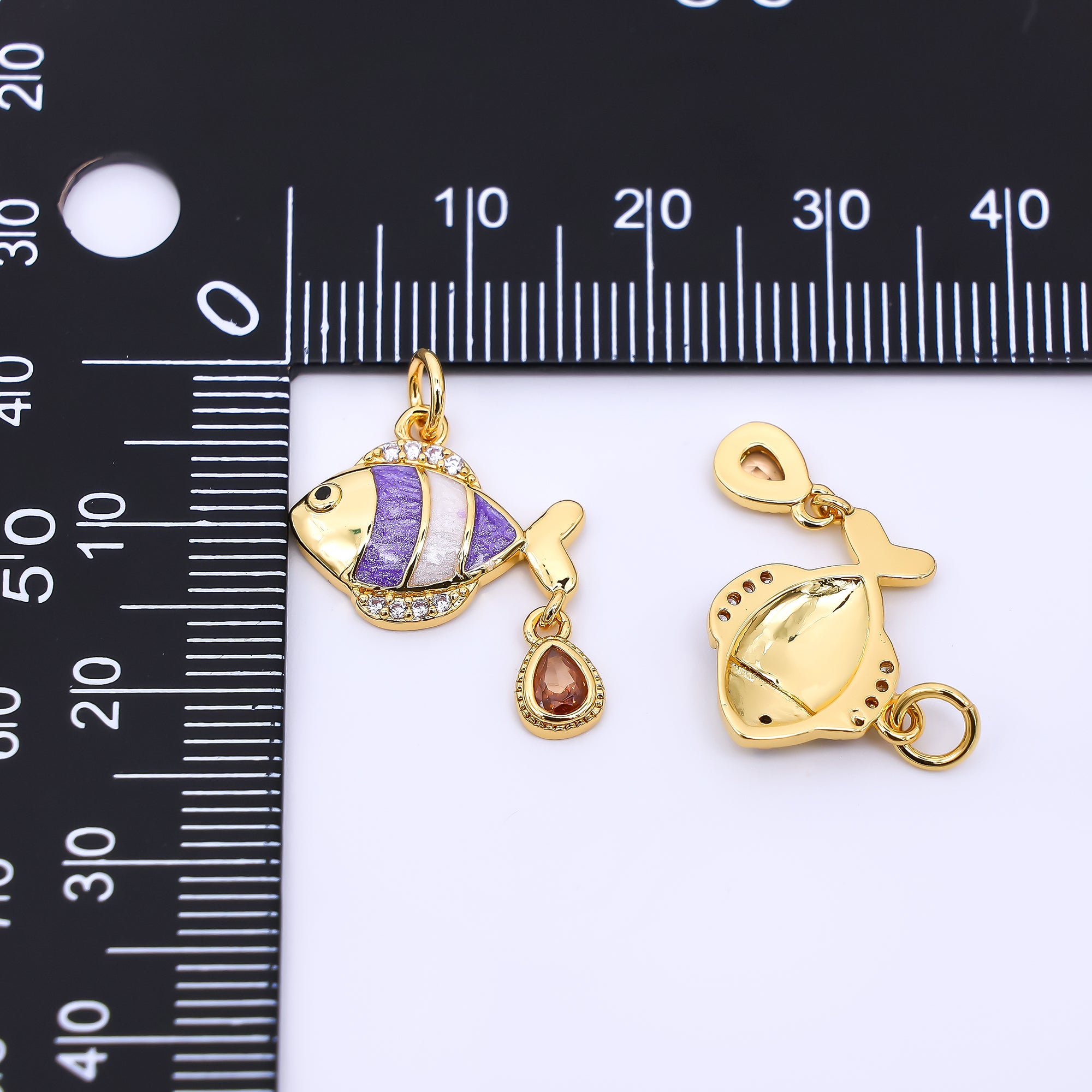 24K Gold Filled 13mm Micro Paved, Brown Teardrop, & Purple CZ Ocean Tiny Sea Fish Drop Charm | AF-516
