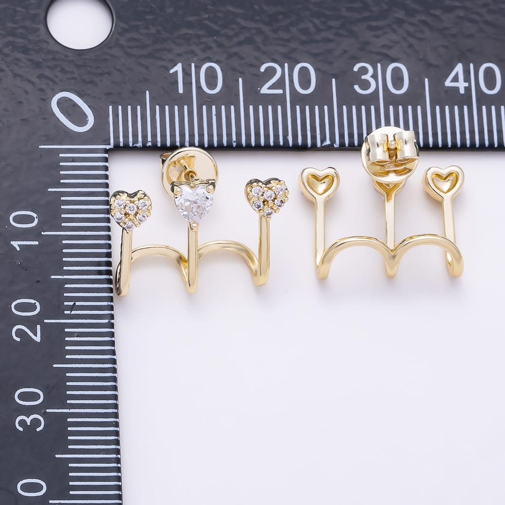 16K Gold Filled 17mm Clear CZ Claw Triple Curved Stem Heart Stud Earrings| Earrings-00976