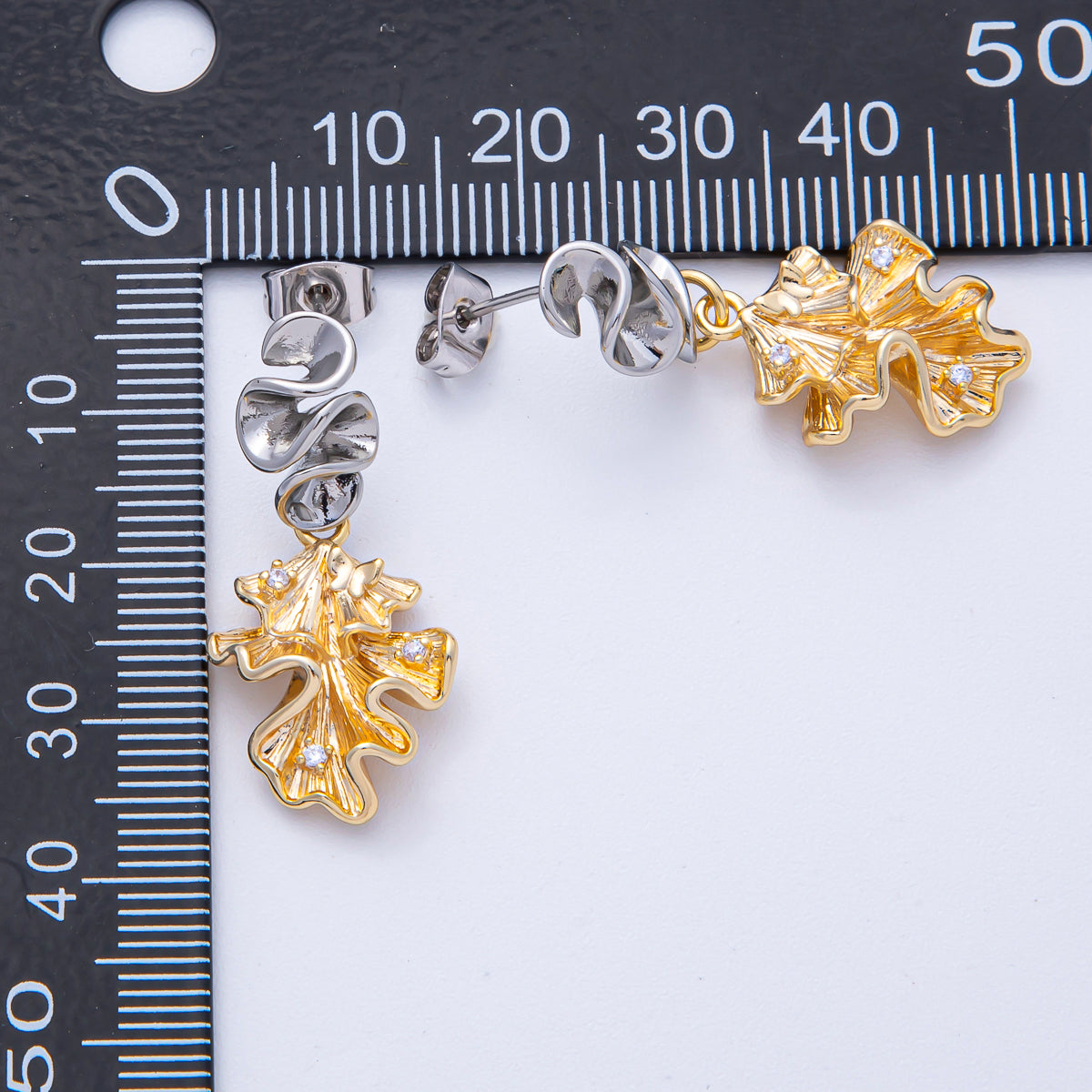 18K Gold Filled CZ Geometric Foil Mixed Metal Drop Stud Earrings | AD1674 AD1675