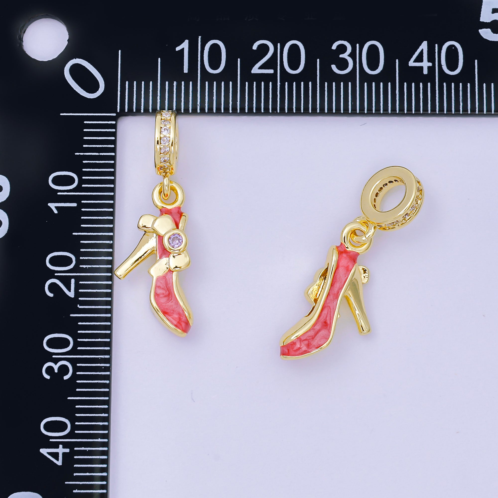 24K Gold Filled 13mm Round CZ Enamel Art Red Highheels Shoe Charm Rhondelle Drop Pendant| D-813