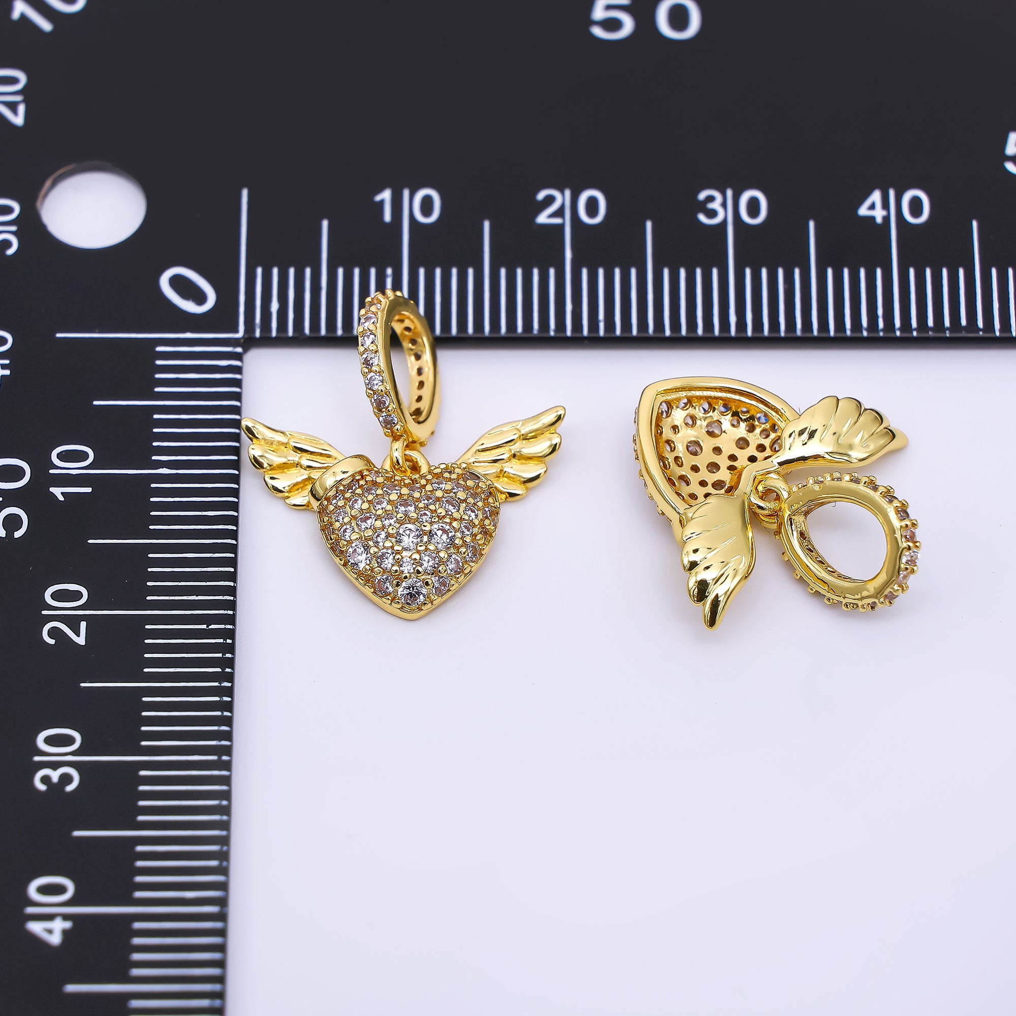 24K Gold Filled 15mm Micro Paved CZ Heart & Wings Angel Charm | AH-460