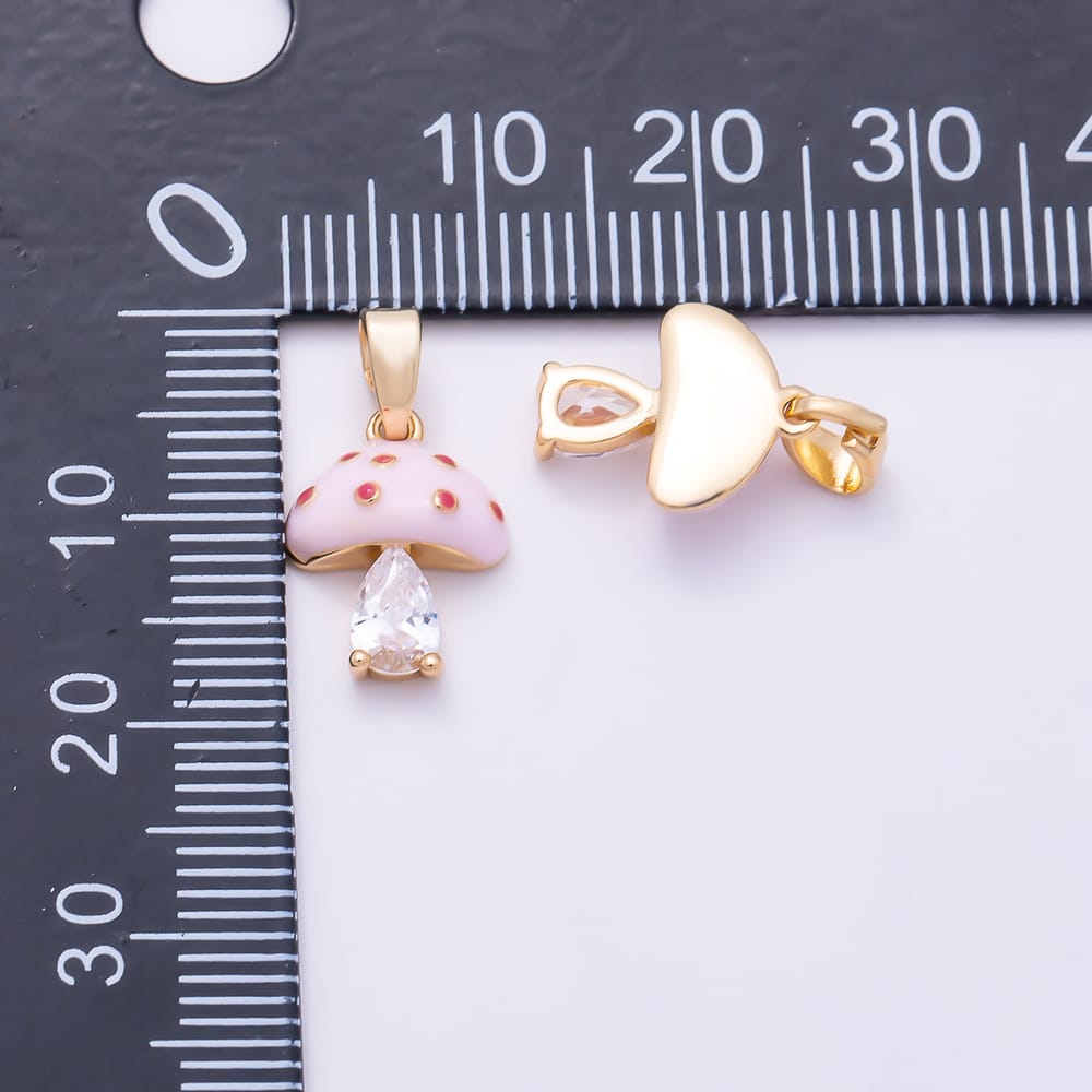 16K Gold Filled 13mm Pink Enamel Teardrop CZ Mushroom Pendant | Charms-02341