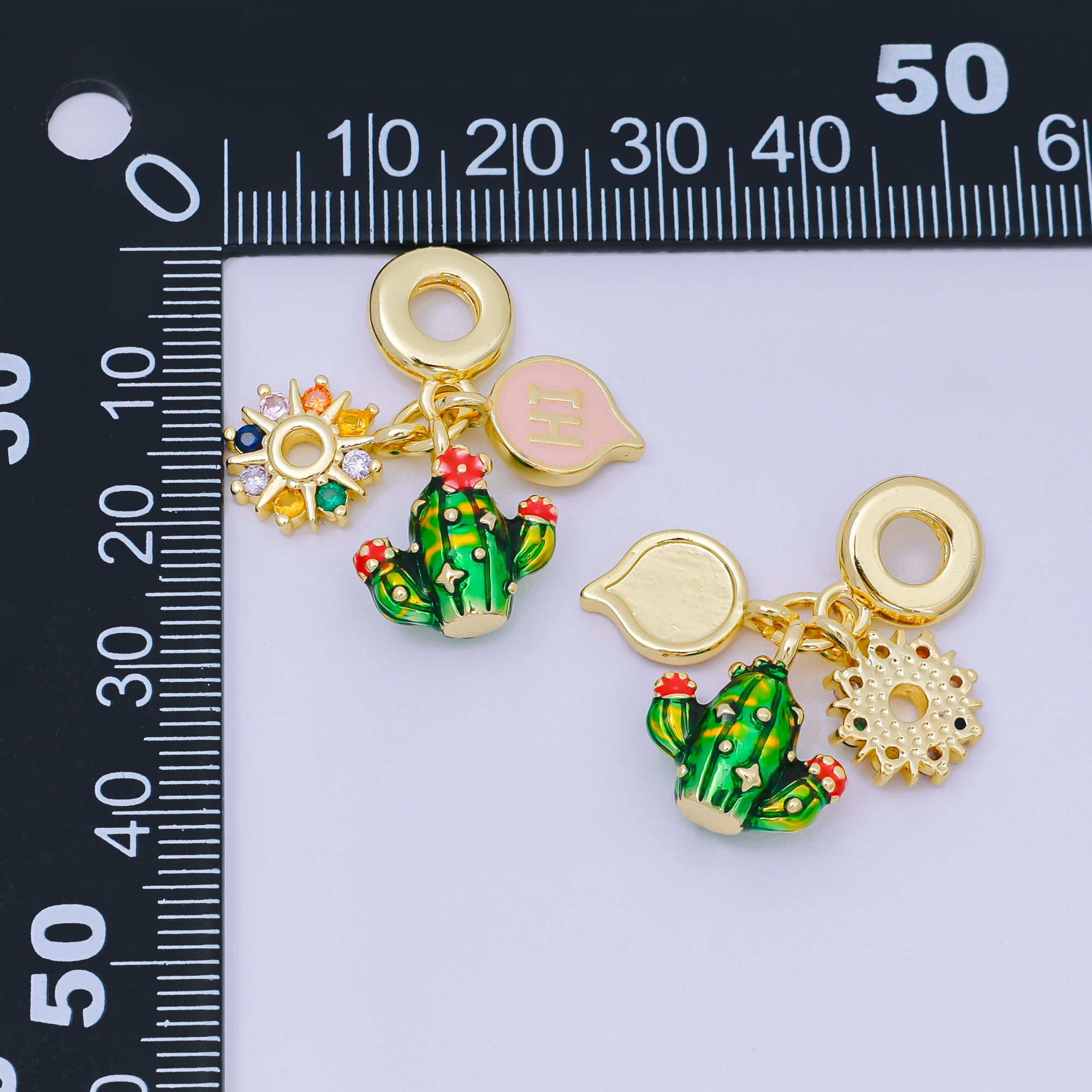 24K Gold Filled 13.5mm Multicolor CZ Enamel Art Desert Theme Charm in Cactus, Sun, & Hi Rhondelle Drop Pendant | M-098