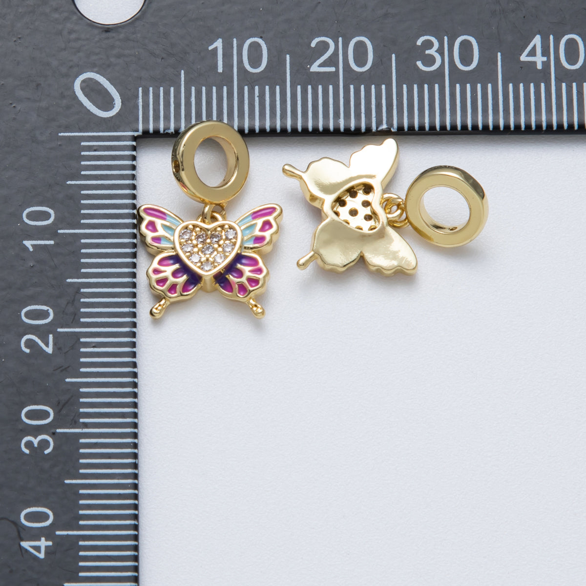 18K Gold Filled 14mm Micro Paved CZ Enamel Heart Butterfly Rondelle Drop Pendant | Charms-00147