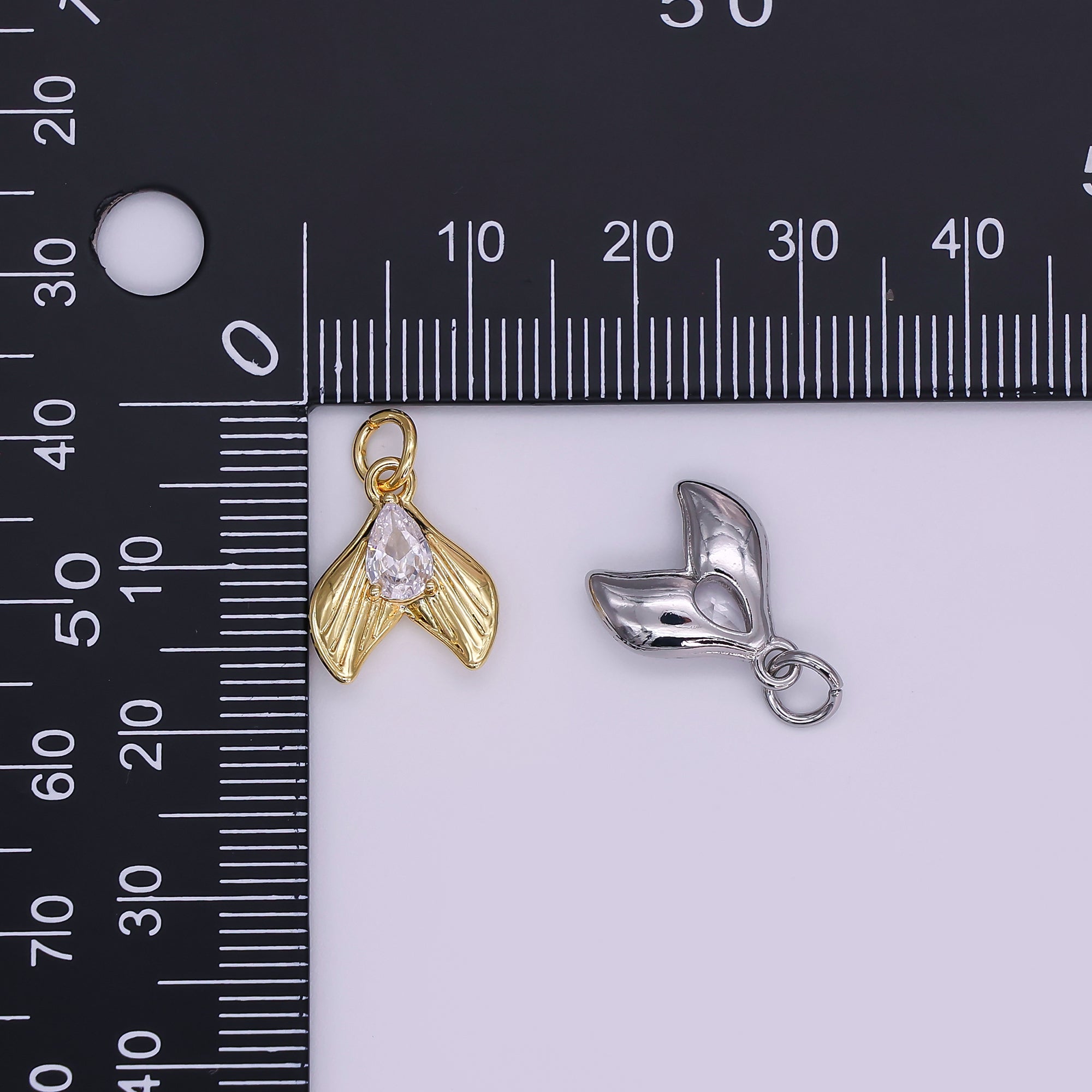 24K Gold Filled 13.5mm Clear CZ Teardrop Lined Fish Tail Charm in Gold & Silver | N858