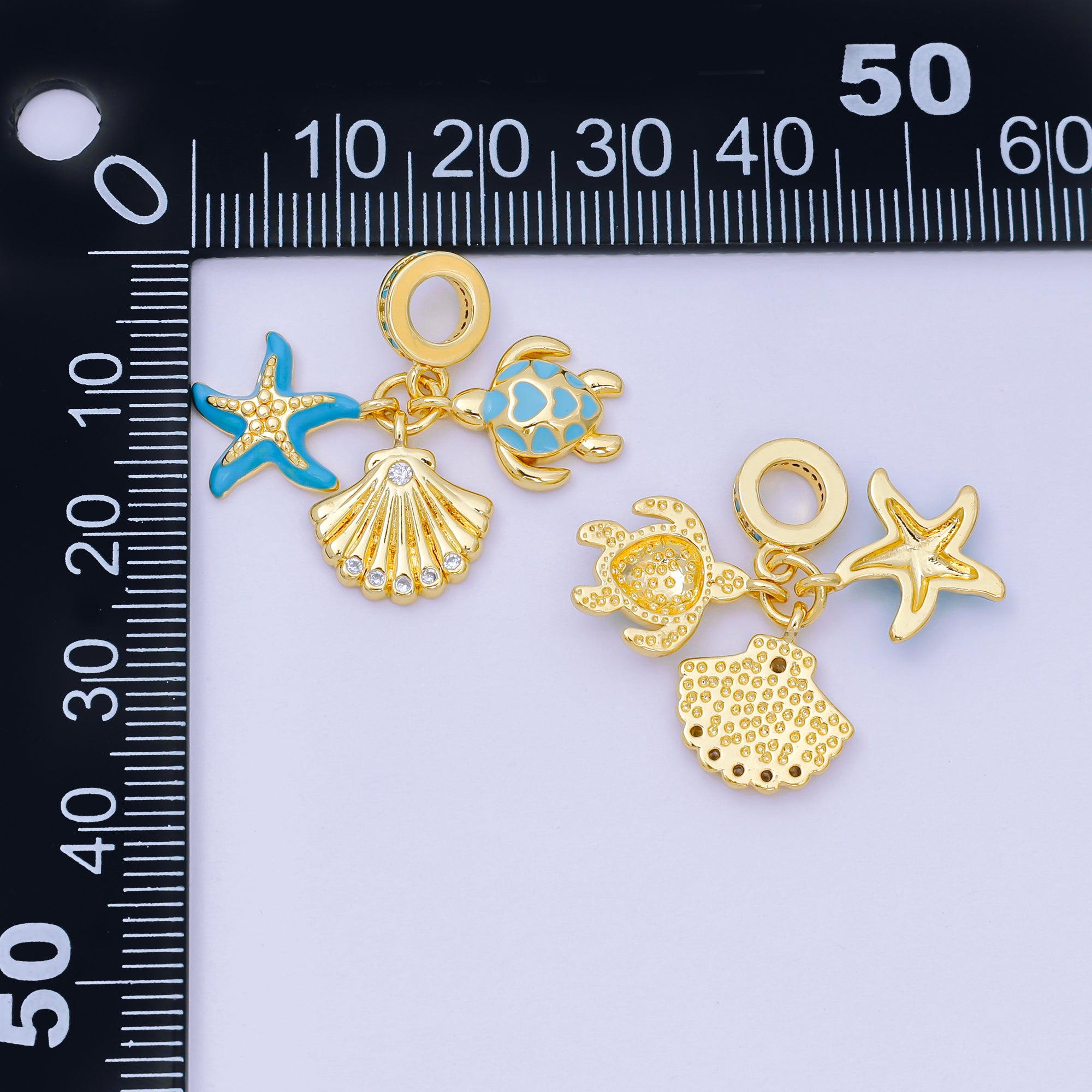 24K Gold Filled 13.5mm Micro Paved CZ Enamel Art Ocean's Life Set Charm in Turtle, Starfish, & Clam Shell Rhondelle Drop Pendant| D-863