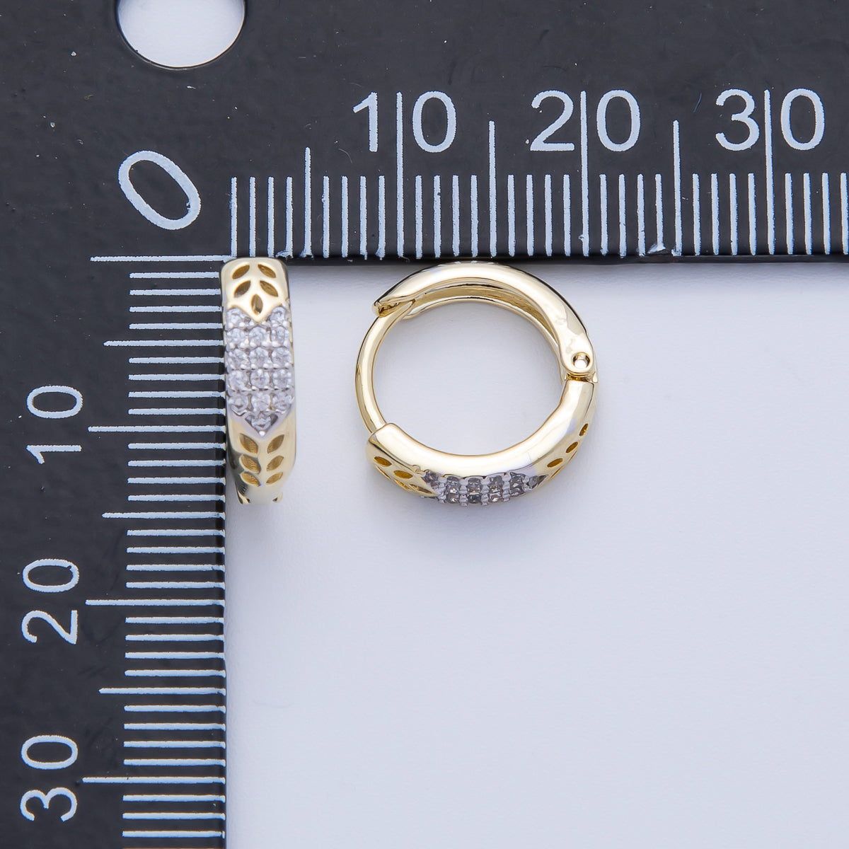 14K Gold Filled 13.5mm Micro Paved CZ Filigree Mixed Metal Huggie Earrings | Earrings-00061