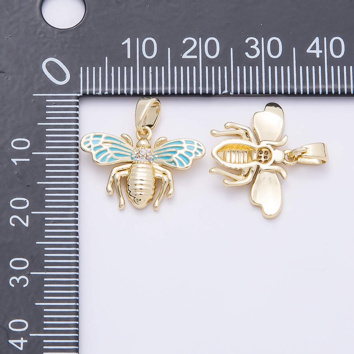 16K Gold Filled 14mm Micro Paved CZ Blue Enamel Bumble Bee Insect Pendant | Charms-00951