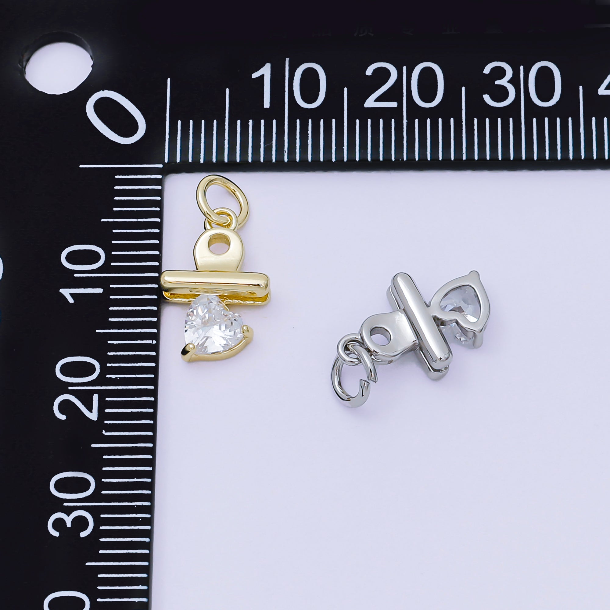 24K Gold Filled 13.5mm Heart-Shaped CZ Binder Clip Charm in Gold & Silver | AH-609