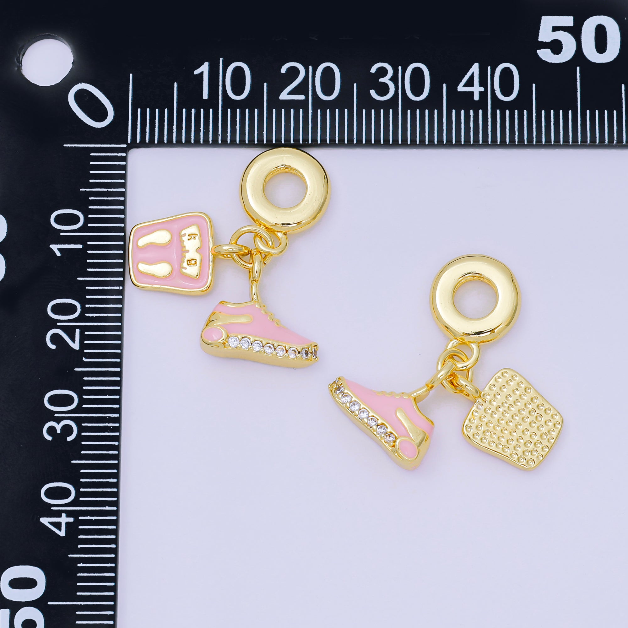 24K Gold Filled 14mm Micro Paved CZ Pink Enamel Art Set Charm in Pink Sneakers & Weight Scale Rhondelle Drop Pendant | M-053