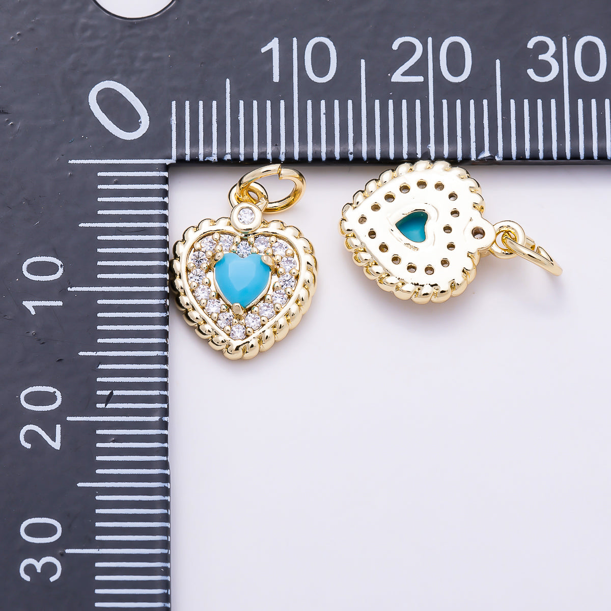 16K Gold Filled 14mm Turquoise Heart Micro Paved CZ Rope Edge Charm in Gold & Silver | Charms-01857 - Charms-01858