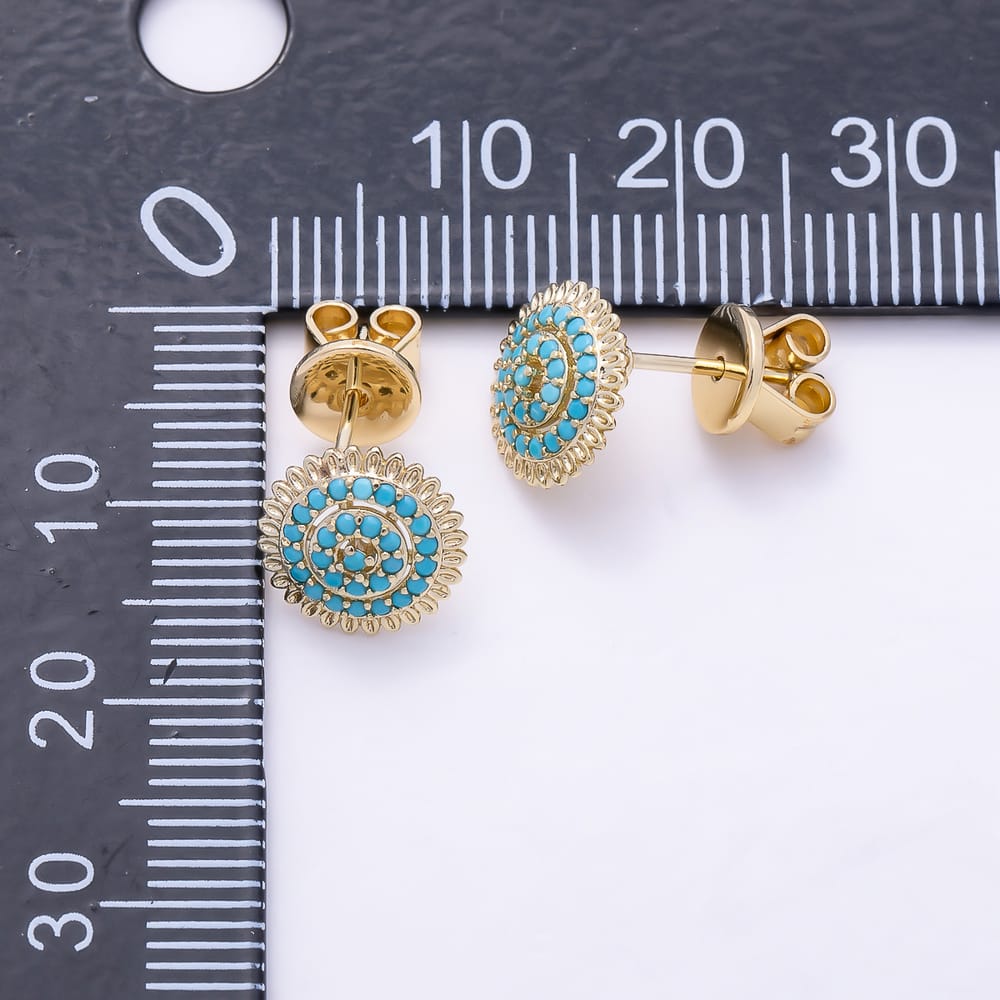 14K Gold Filled 14mm Micro Paved Turquoise Gemstone Circular Circle Round Stud Earrings | Earrings-01122