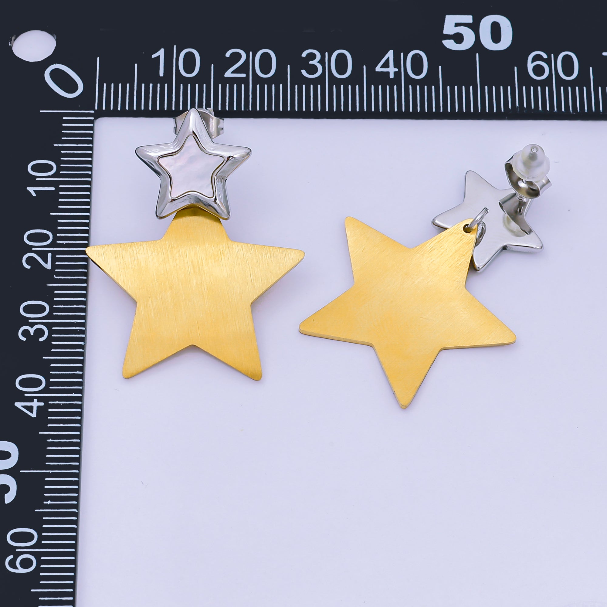 18K Gold PVD Stainless Steel 14mm Mixed Metal Celestial Star Drop Stud Earrings | AJ021