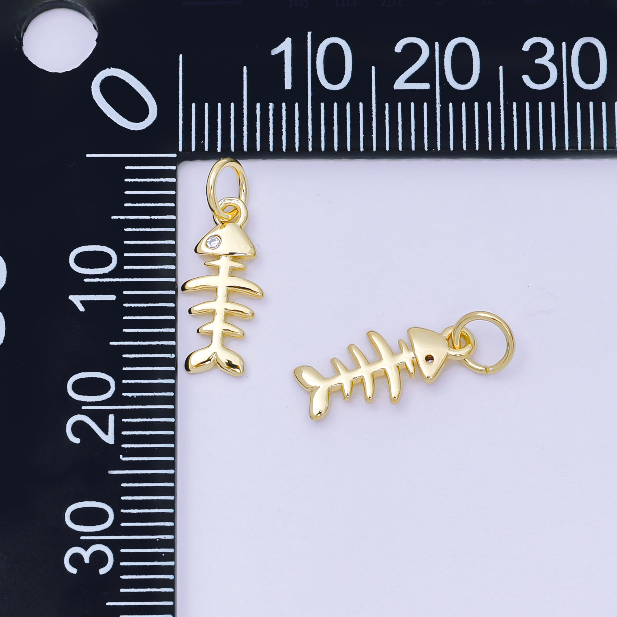 24K Gold Filled 14mm Round CZ Fishbone Simple Charm | D-102
