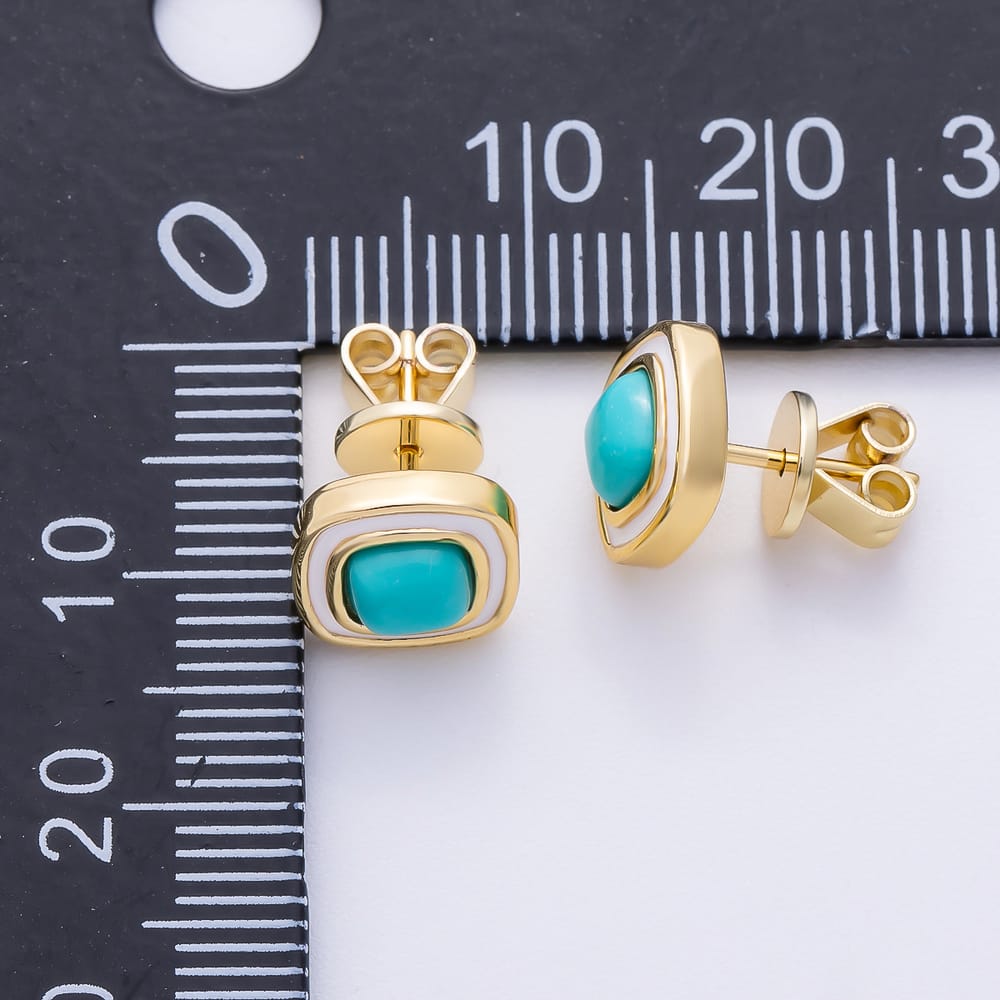 16K Gold Filled 14mm Turquoise Shell Pearl Square Bezel Stud Earrings in Gold & Silver | Earrings-01225 Earrings-01226