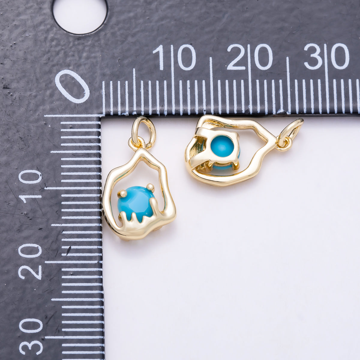 16K Gold Filled 14mm Turquoise Gemstone Round Irregular Geometric Molten Open Bezel Charm | Charms-02057